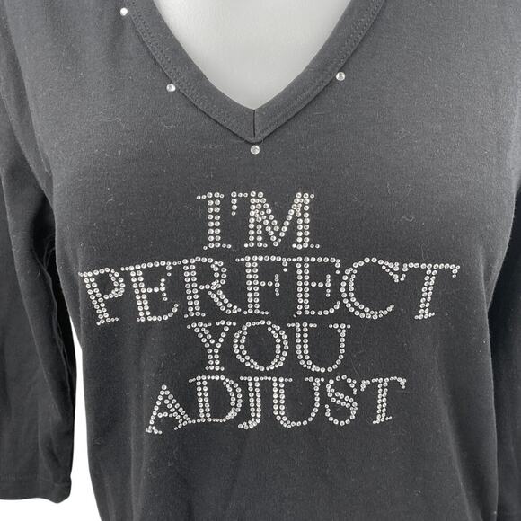 Isaac's Designs Black I'm Perfect You Adjust 3/4 Sleeve V Neck T Shirt Tee Top S - Picture 3 of 5